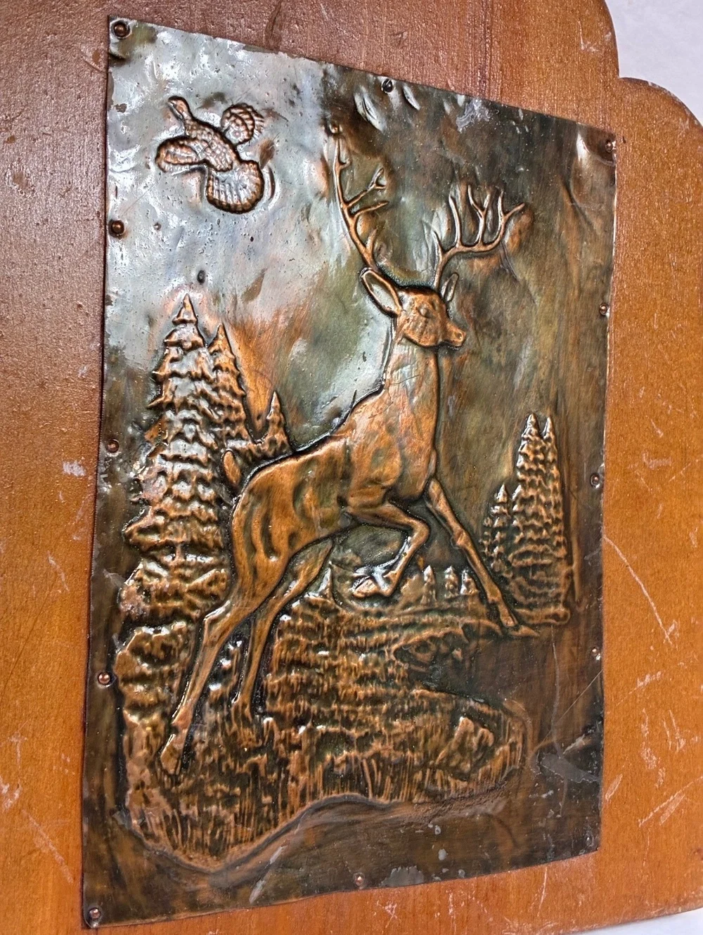 Vintage Wooden Wall Hanging with Copper Stamped Deer Scene